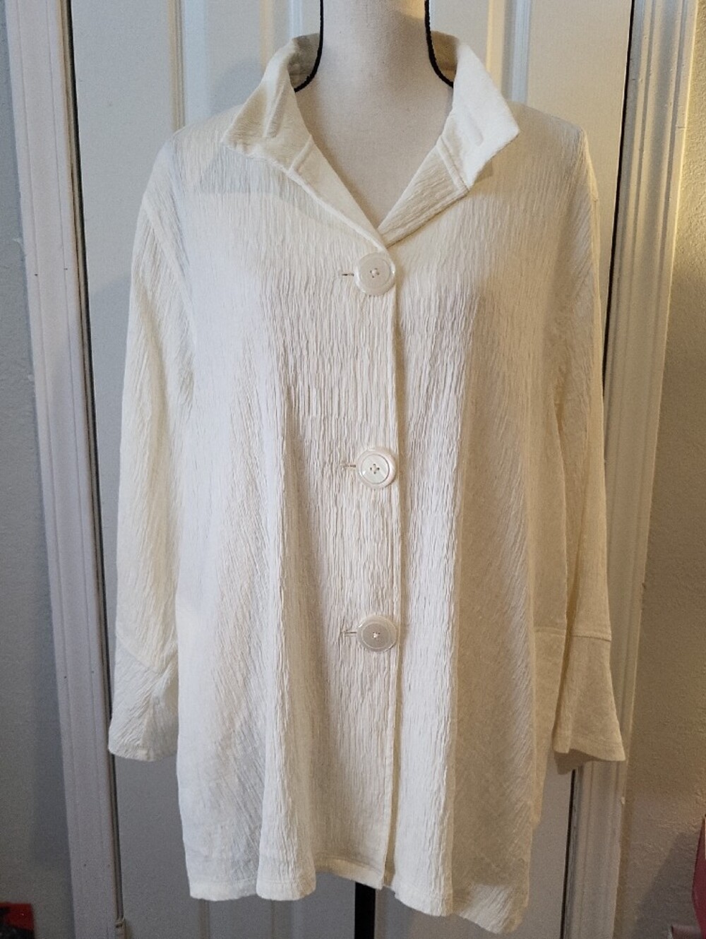 Multiples Cream Button-Down Textured Collared Top